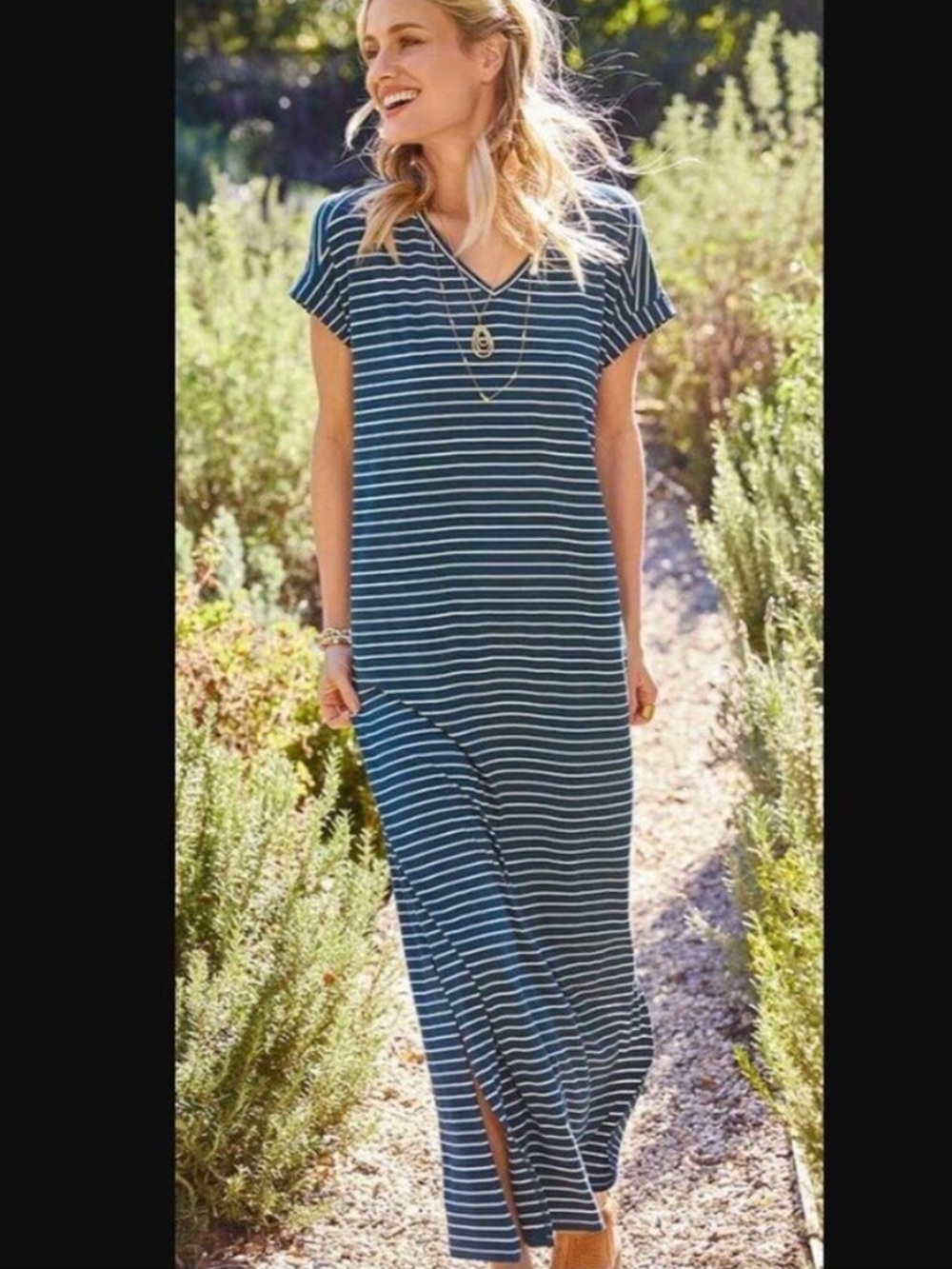MATILDA JANE Set Sail Striped Maxi Dress Navy Blue Knit Pockets Oversized XS